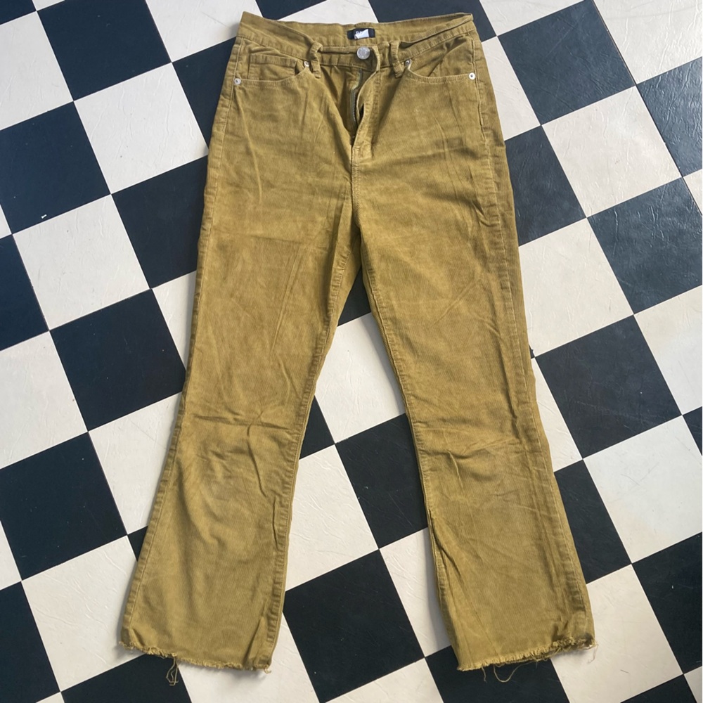 Pea Green Corduroy Flared Frayed High Ankle Pants